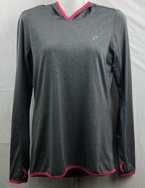Head Hooded Top Women Small Grey Pink Trim Logo Long Sleeves Thumb Holes Stretch